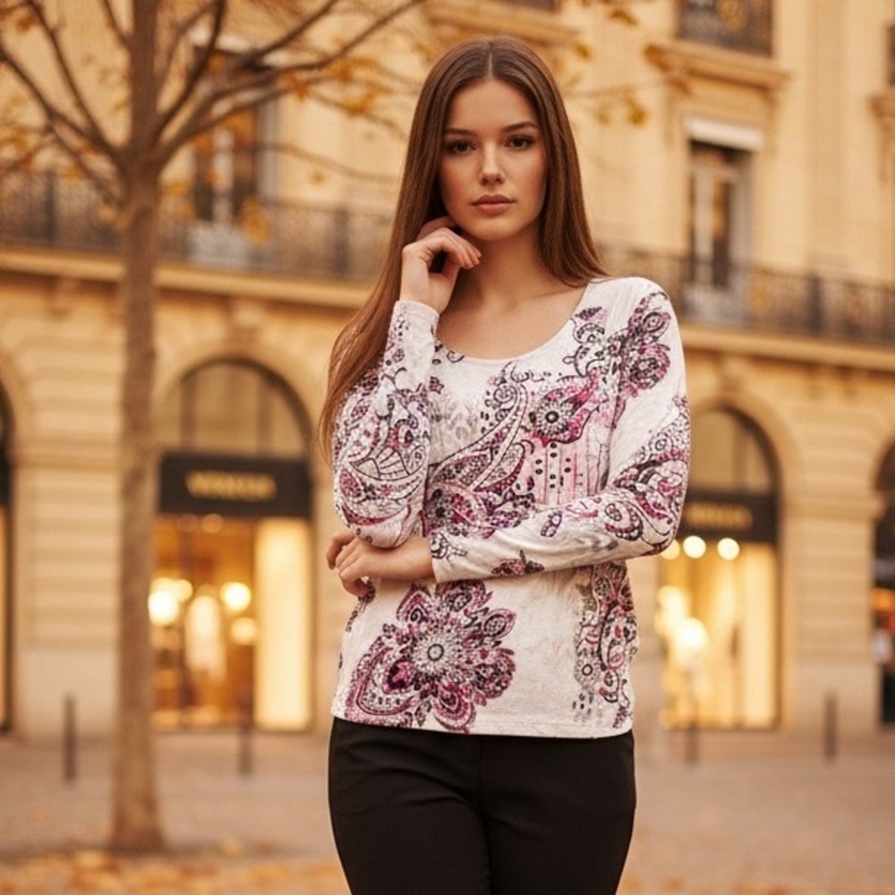 Chico's 1 Tan Paisley Top Pink Maroon LS Round Neck Stretch Medium Cotton Blnd